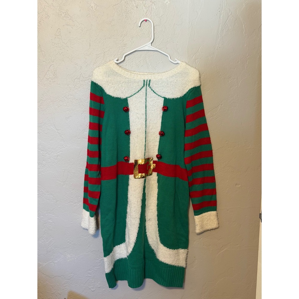 Reference Point Christmas Elf Sweater Dress Green Red Striped Sequin Jingle Bell